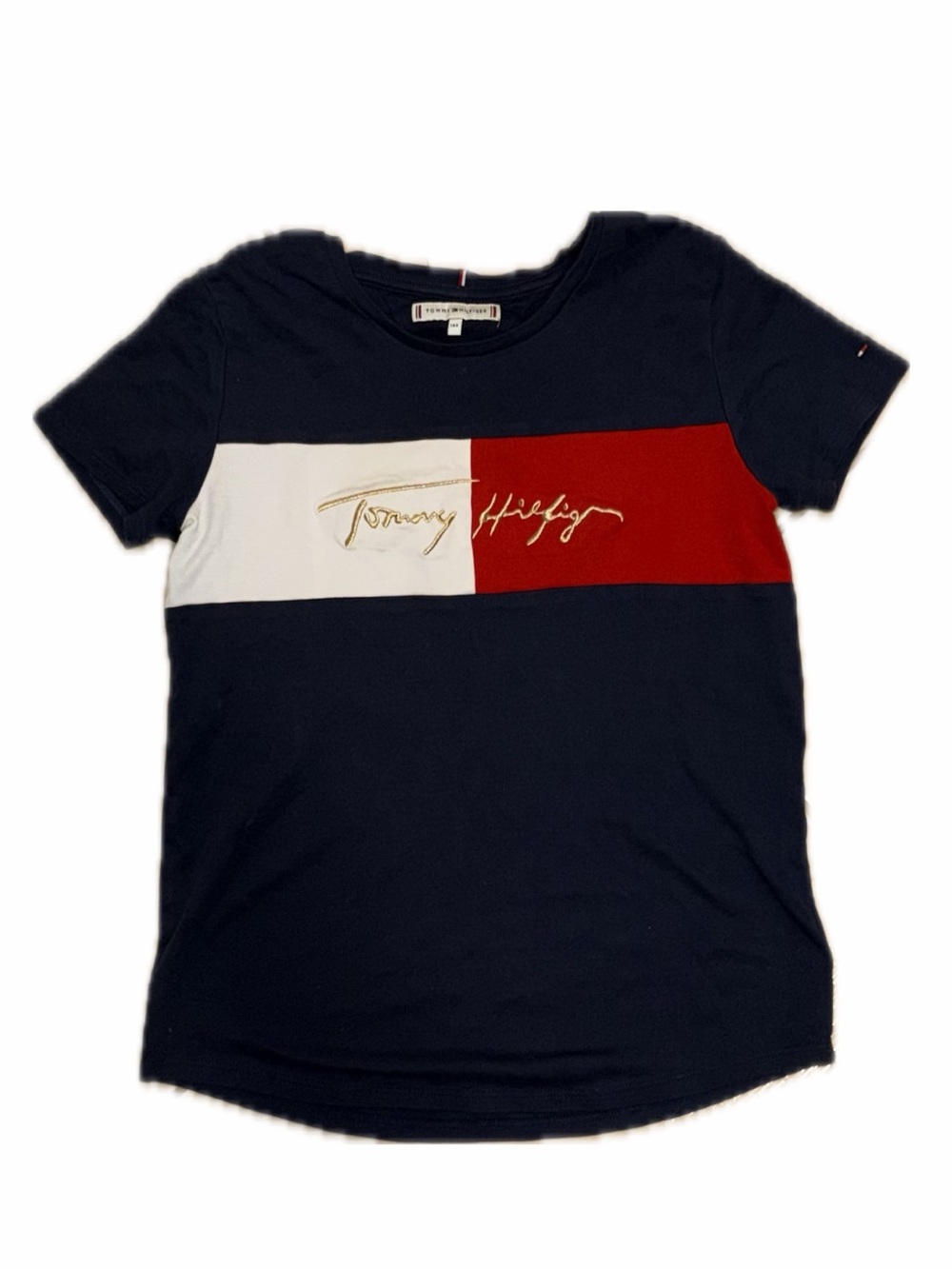 Tommy Hilfiger Navy Tee with Red & White Chest Panel and Gold Script